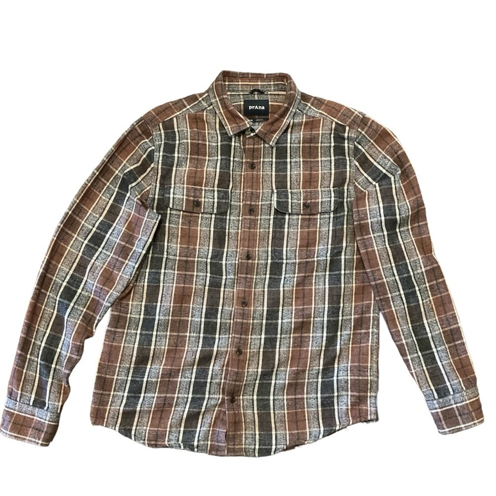 PRANA Brown‎ Plaid Recycled Polyester Flannel Shirt Small
